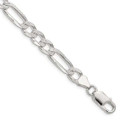Sterling Silver 6.75mm Pav Flat Figaro Chain Bracelet