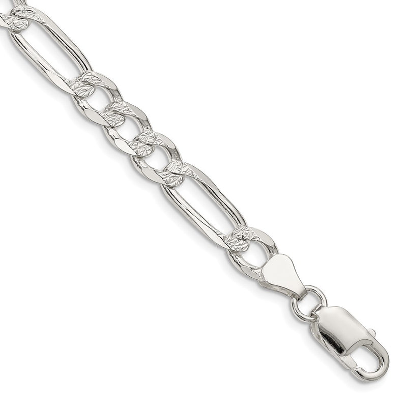 Sterling Silver 6.75mm Pav Flat Figaro Chain Bracelet