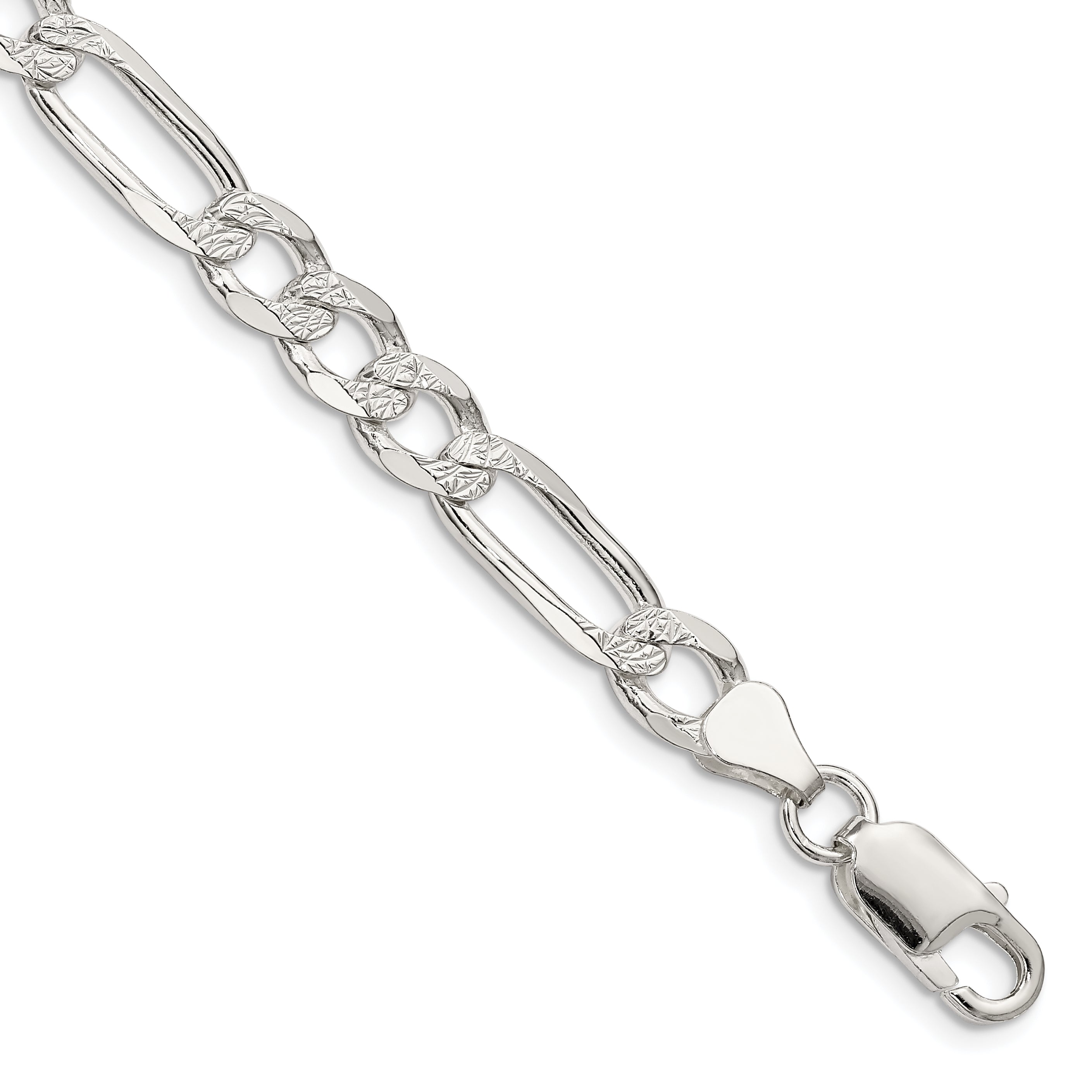 8 Inch Sterling Silver 6.75mm Pav Flat Figaro Chain