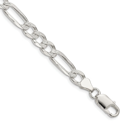 8 Inch Sterling Silver 6.75mm Pav Flat Figaro Chain