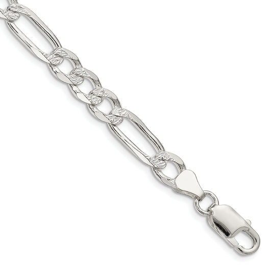 8 Inch Sterling Silver 6.75mm Pav Flat Figaro Chain