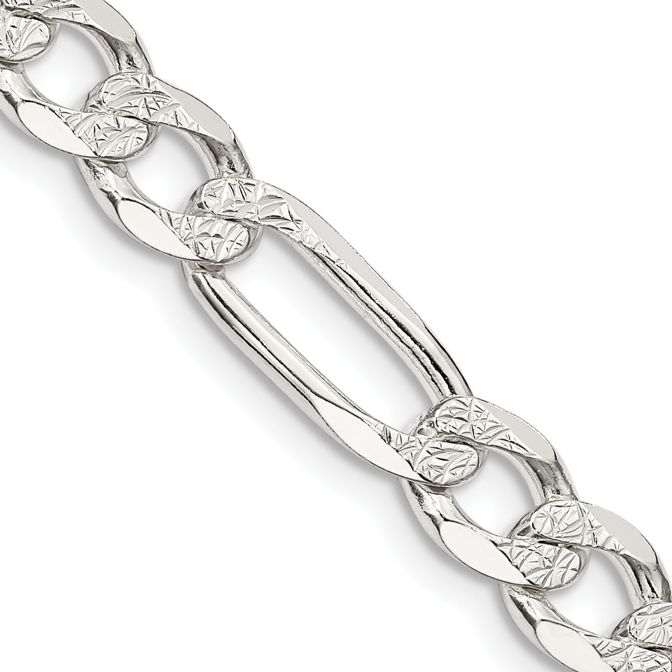 22 Inch Sterling Silver 6.75mm Pav Flat Figaro Chain