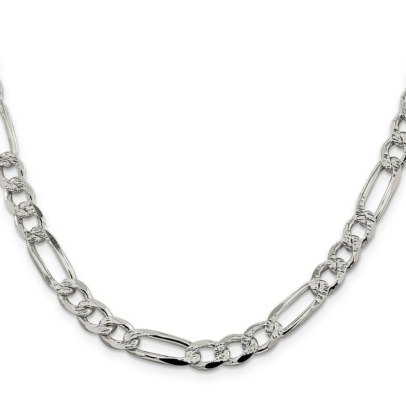 24 Inch Sterling Silver 7.25mm Pav Flat Figaro Chain Necklace