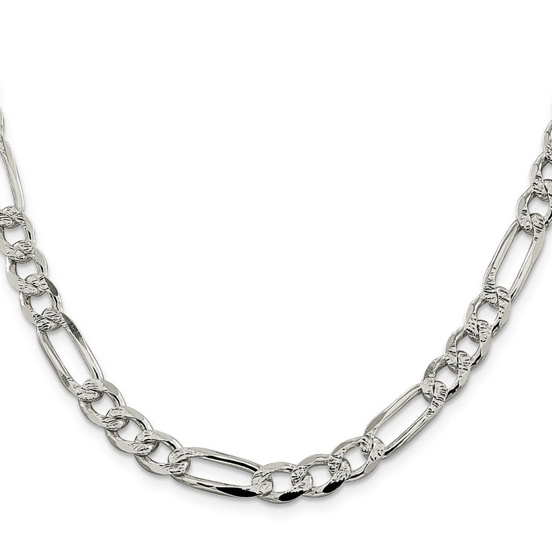 Sterling Silver 7.25mm Pav Flat Figaro Chain Necklace