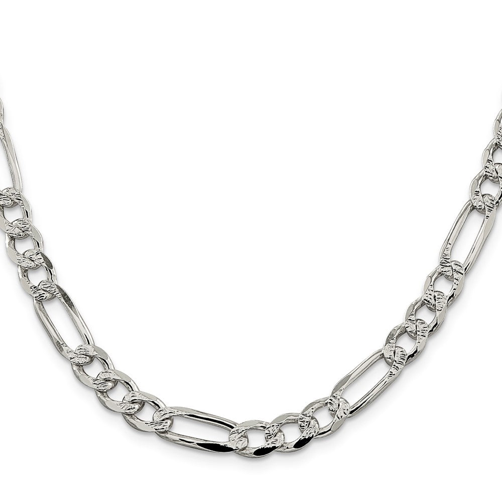 30 Inch Sterling Silver 7.25mm Pav Flat Figaro Chain Necklace