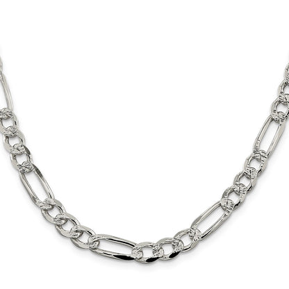 30 Inch Sterling Silver 7.25mm Pav Flat Figaro Chain Necklace