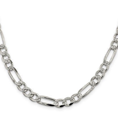 30 Inch Sterling Silver 7.25mm Pav Flat Figaro Chain
