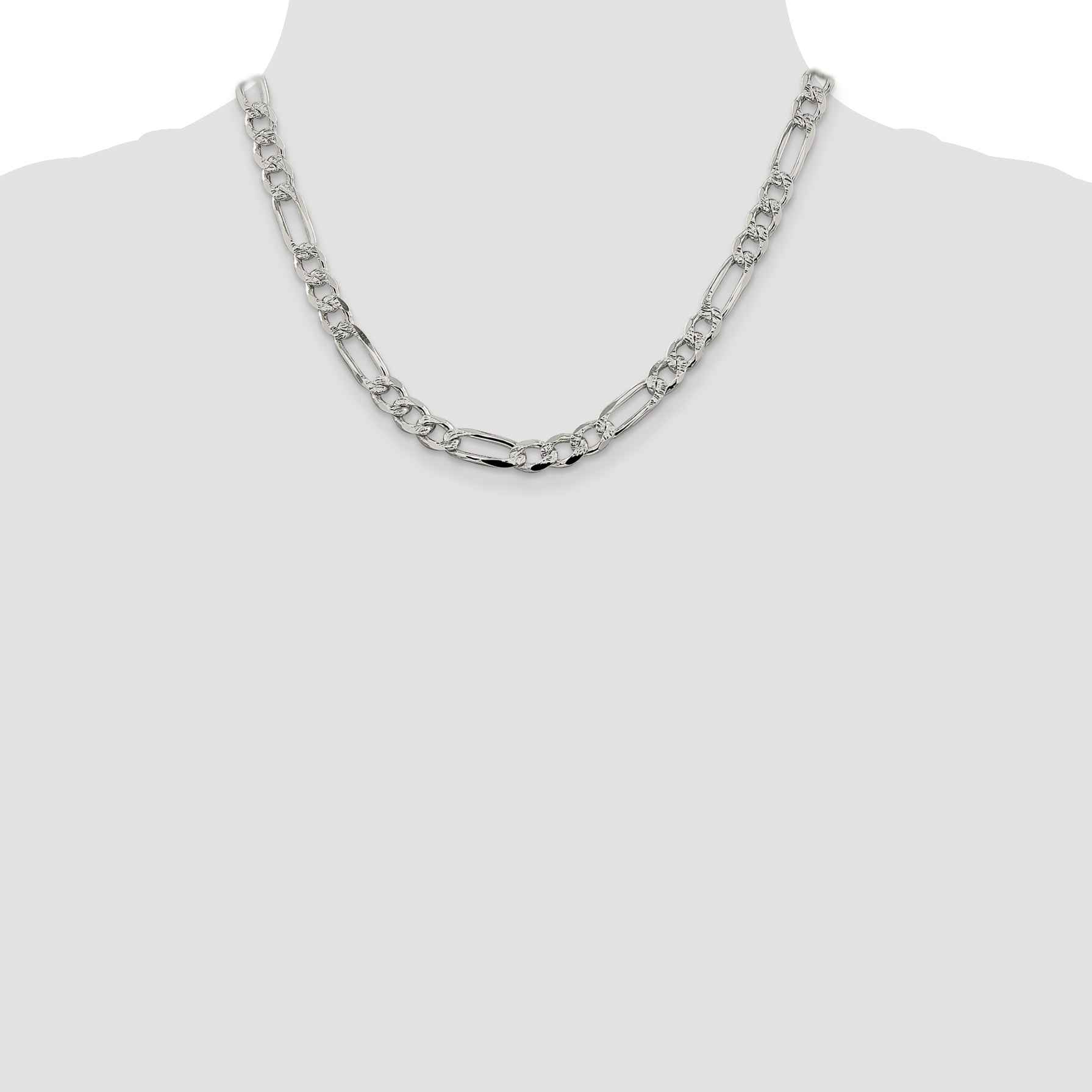 18 Inch Sterling Silver 7.25mm Pav Flat Figaro Chain