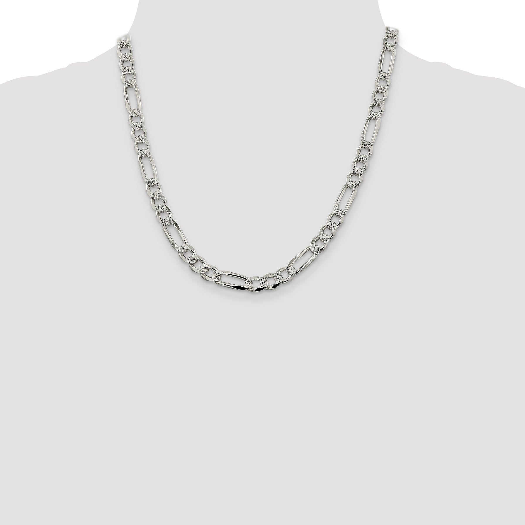 20 Inch Sterling Silver 7.25mm Pav Flat Figaro Chain