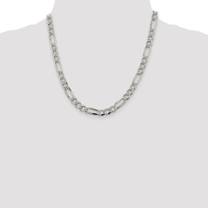 20 Inch Sterling Silver 7.25mm Pav Flat Figaro Chain