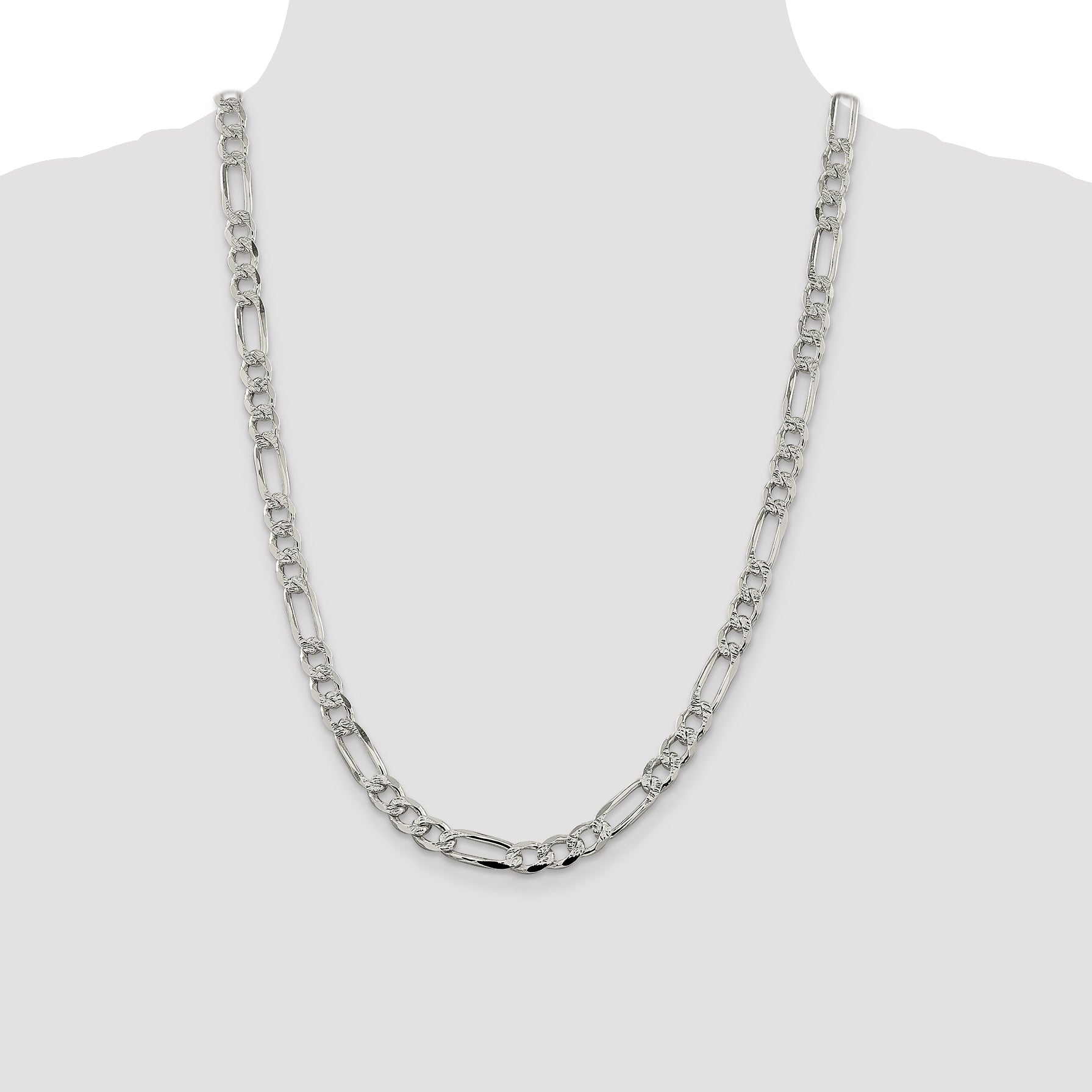 24 Inch Sterling Silver 7.25mm Pav Flat Figaro Chain