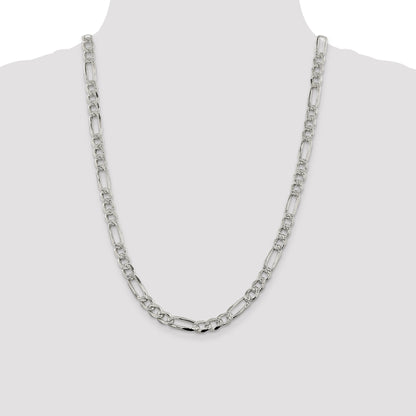 24 Inch Sterling Silver 7.25mm Pav Flat Figaro Chain