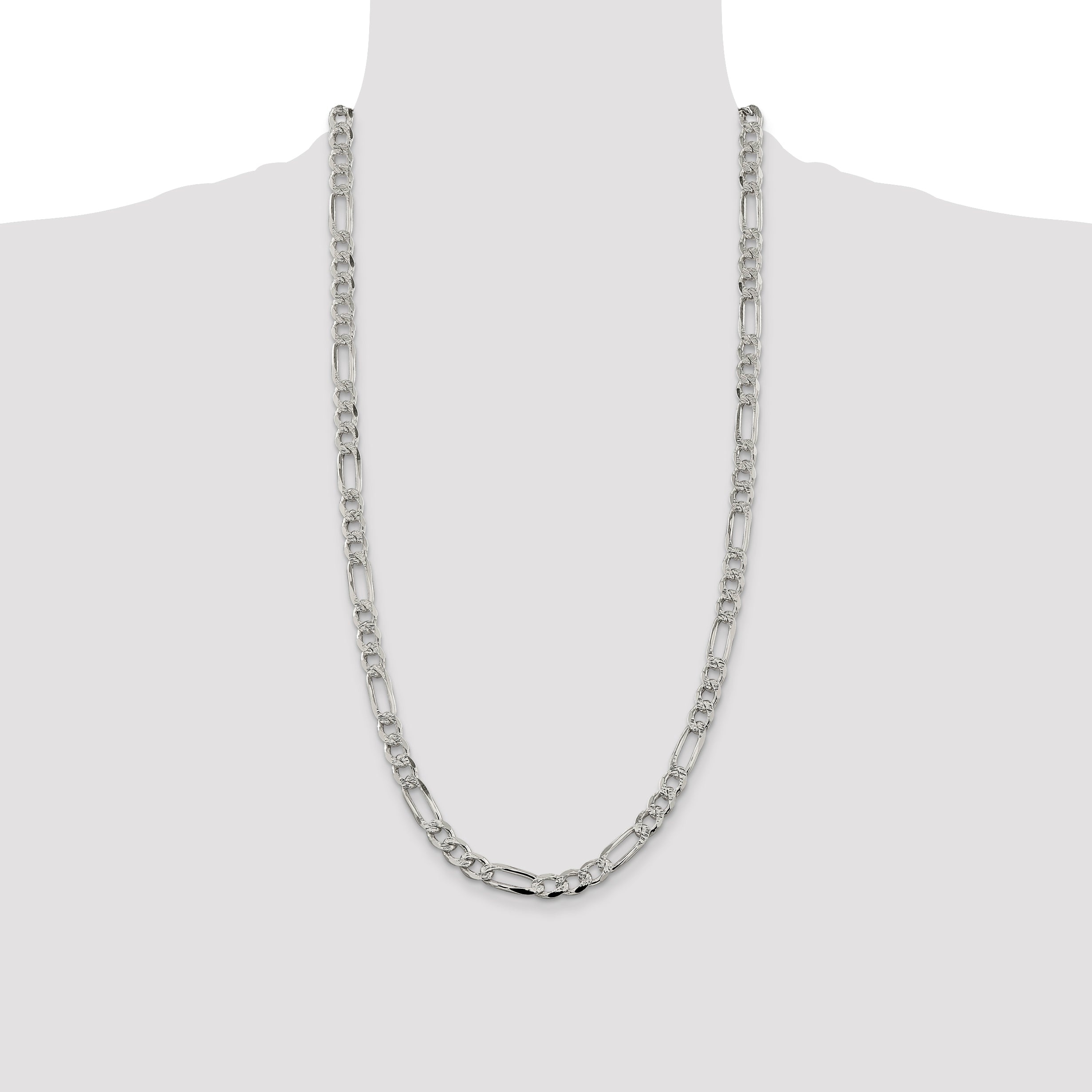 28 Inch Sterling Silver 7.25mm Pave Flat Figaro Chain