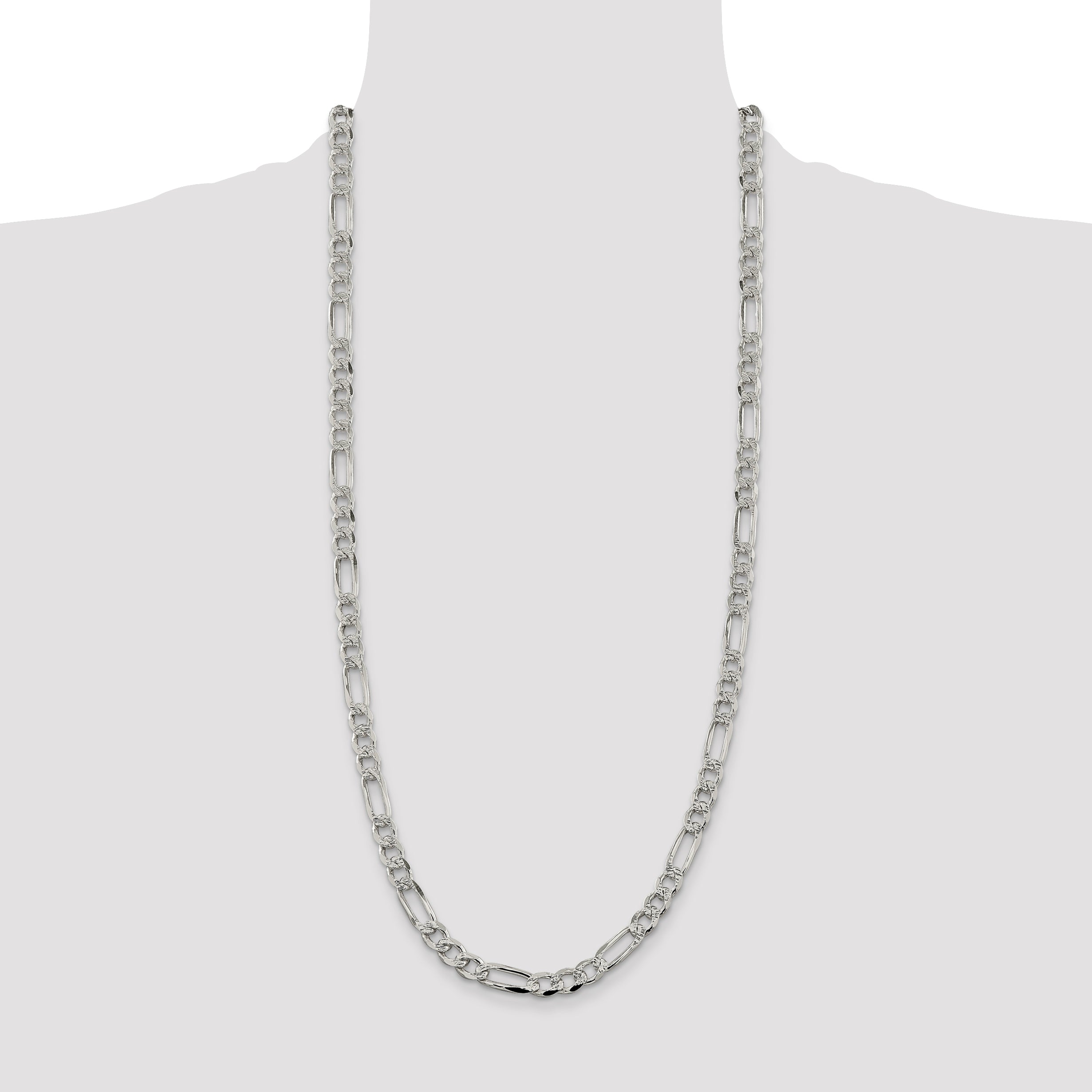 30 Inch Sterling Silver 7.25mm Pav Flat Figaro Chain