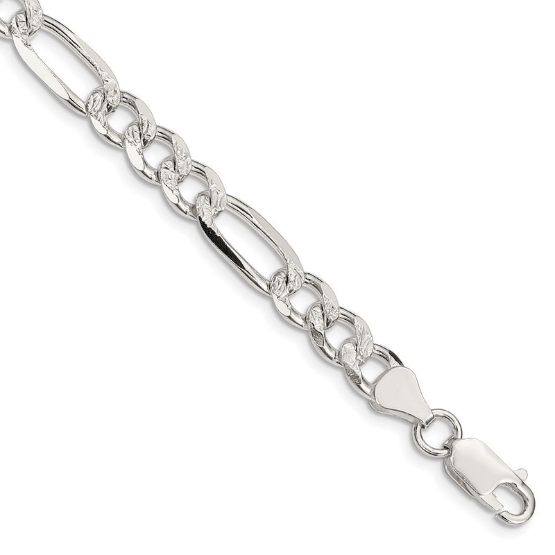 Sterling Silver 7.25mm Pav Flat Figaro Chain Bracelet