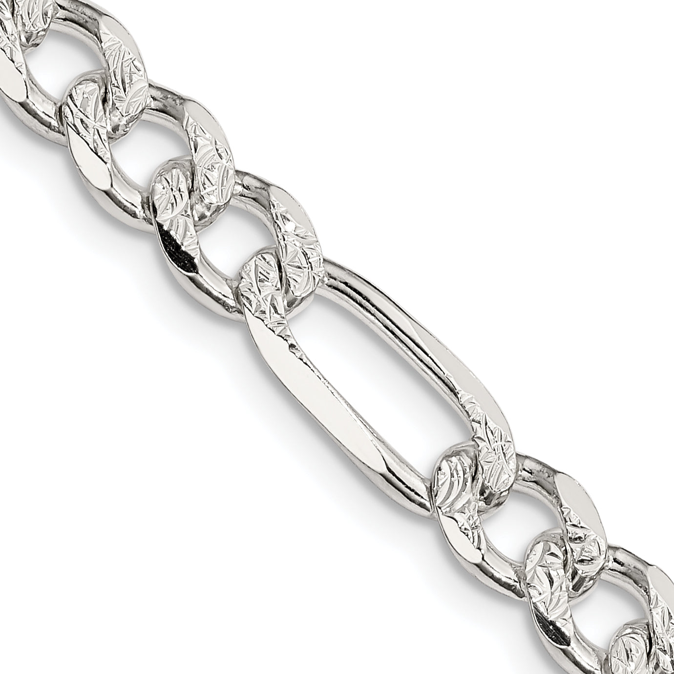 30 Inch Sterling Silver 7.25mm Pav Flat Figaro Chain