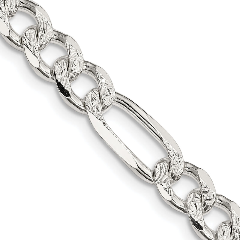 24 Inch Sterling Silver 7.25mm Pav Flat Figaro Chain Necklace