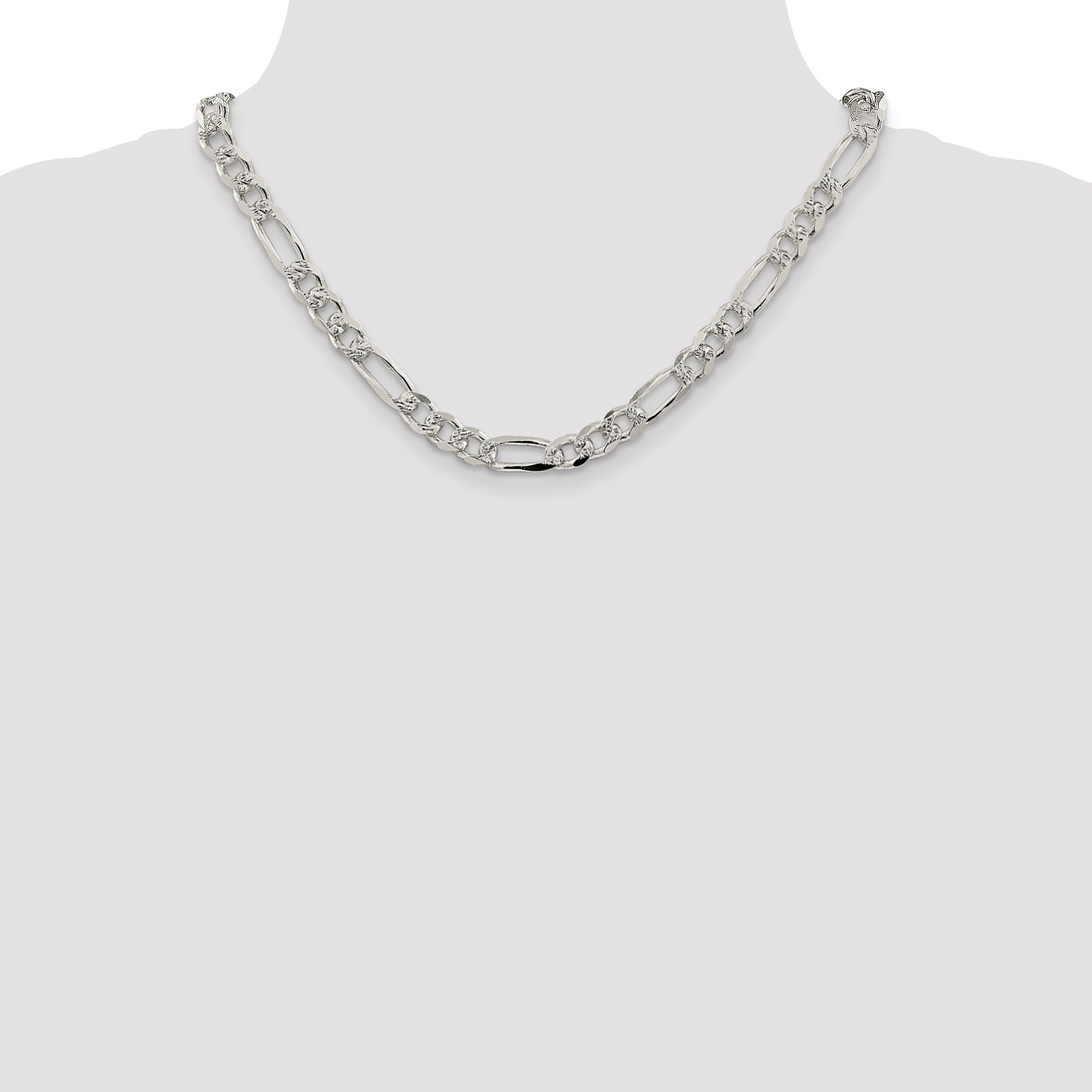18 Inch Sterling Silver 8mm Pav Flat Figaro Chain