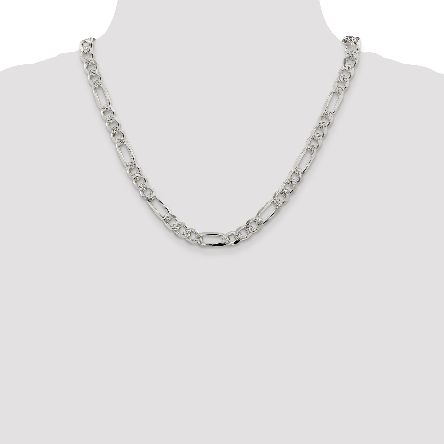 20 Inch Sterling Silver 8mm Pav Flat Figaro Chain
