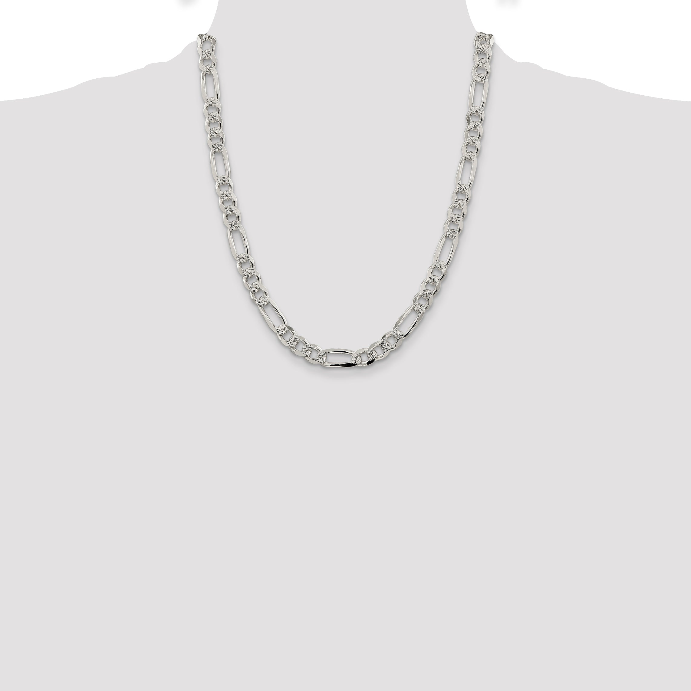22 Inch Sterling Silver 8mm Pav Flat Figaro Chain
