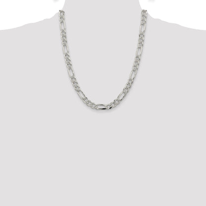 22 Inch Sterling Silver 8mm Pav Flat Figaro Chain