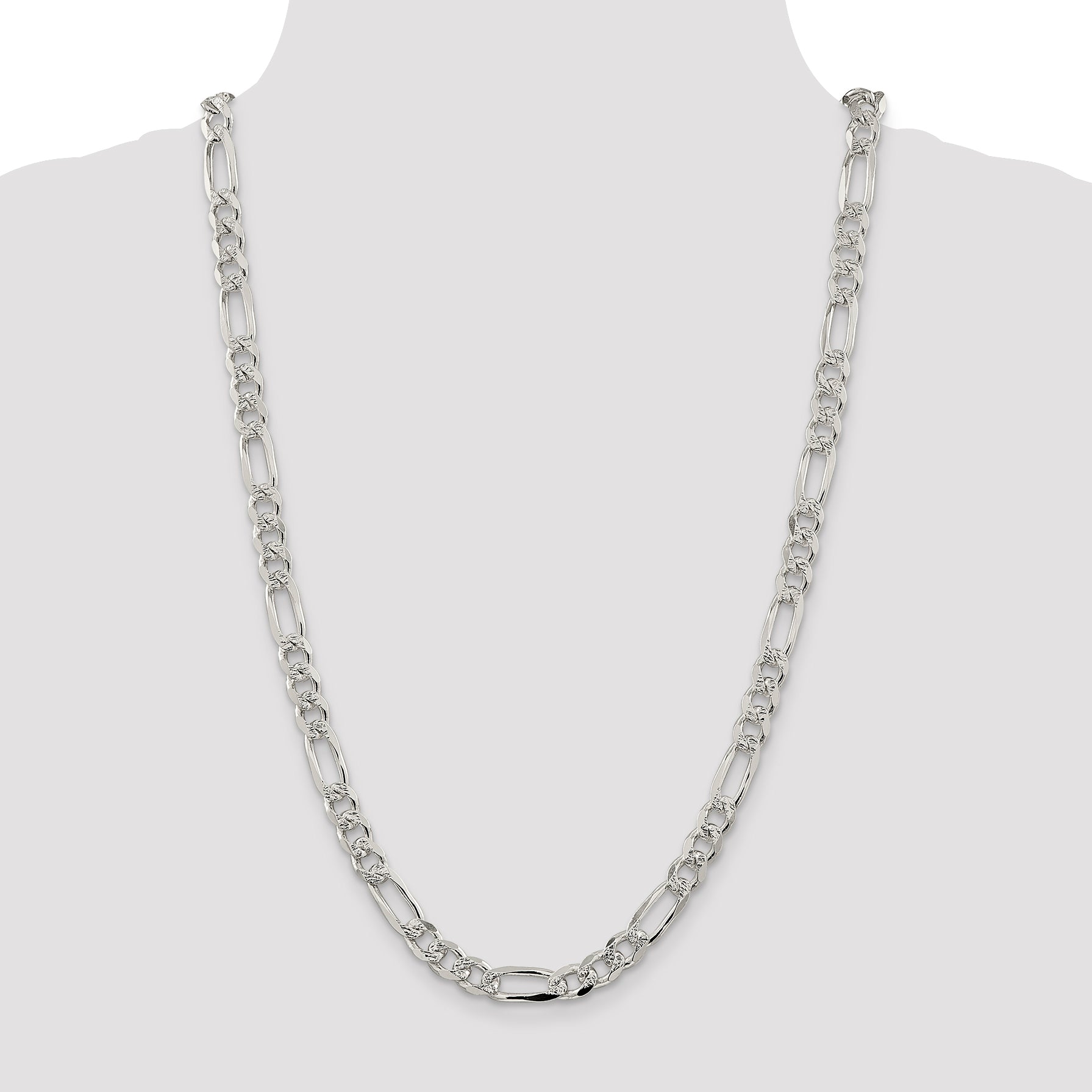 26 Inch Sterling Silver 8mm Pav Flat Figaro Chain