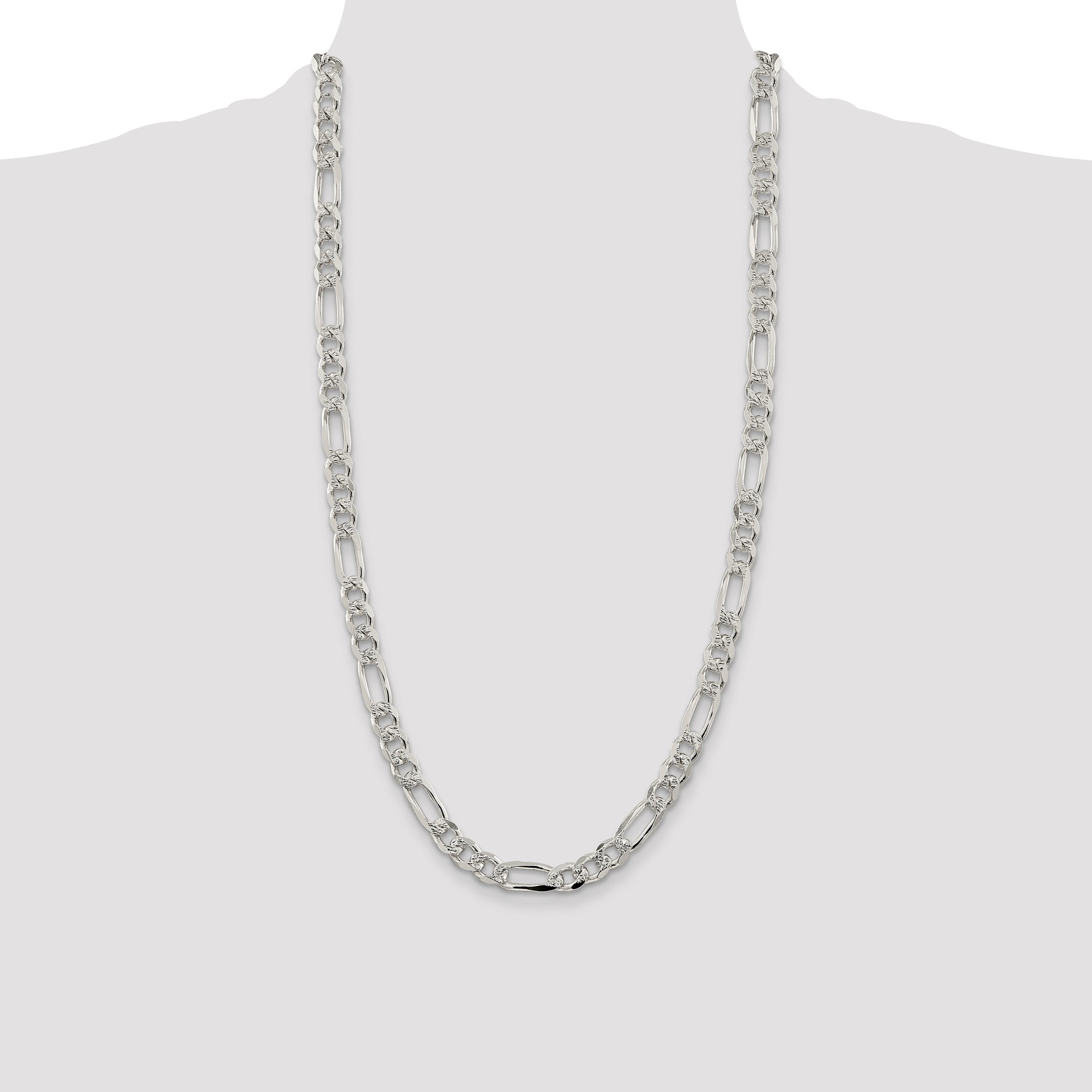 28 Inch Sterling Silver 8mm Pave Flat Figaro Chain
