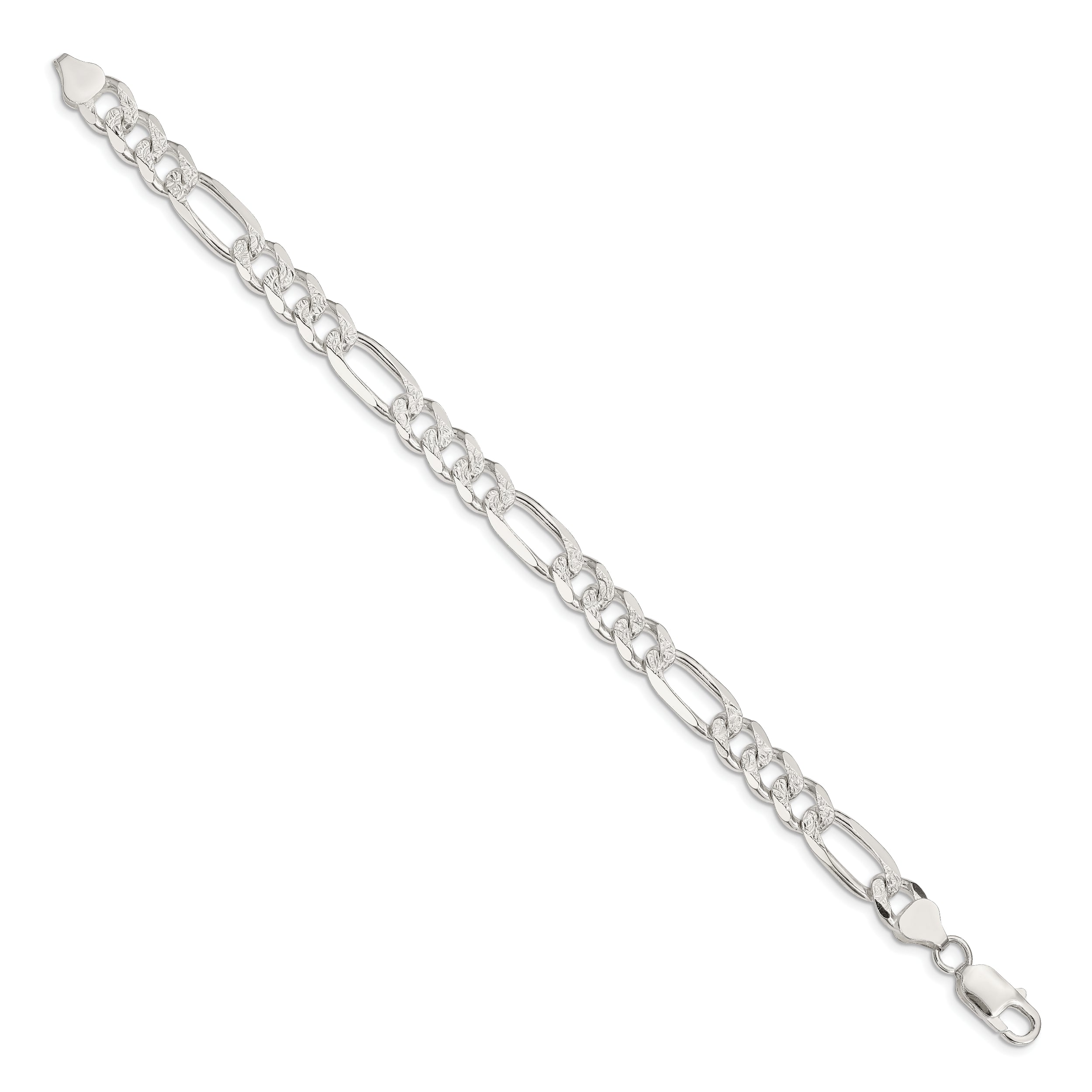 9 Inch Sterling Silver 8mm Pave Flat Figaro Chain