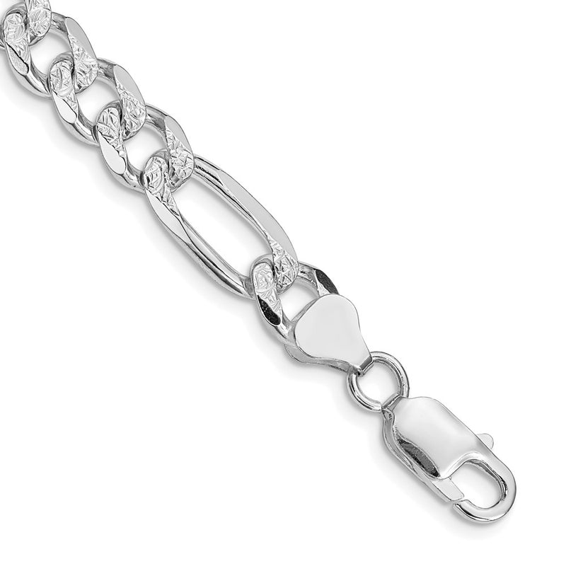 Sterling Silver Rhodium-plated 8mm Pavé Flat Figaro Chain Bracelet