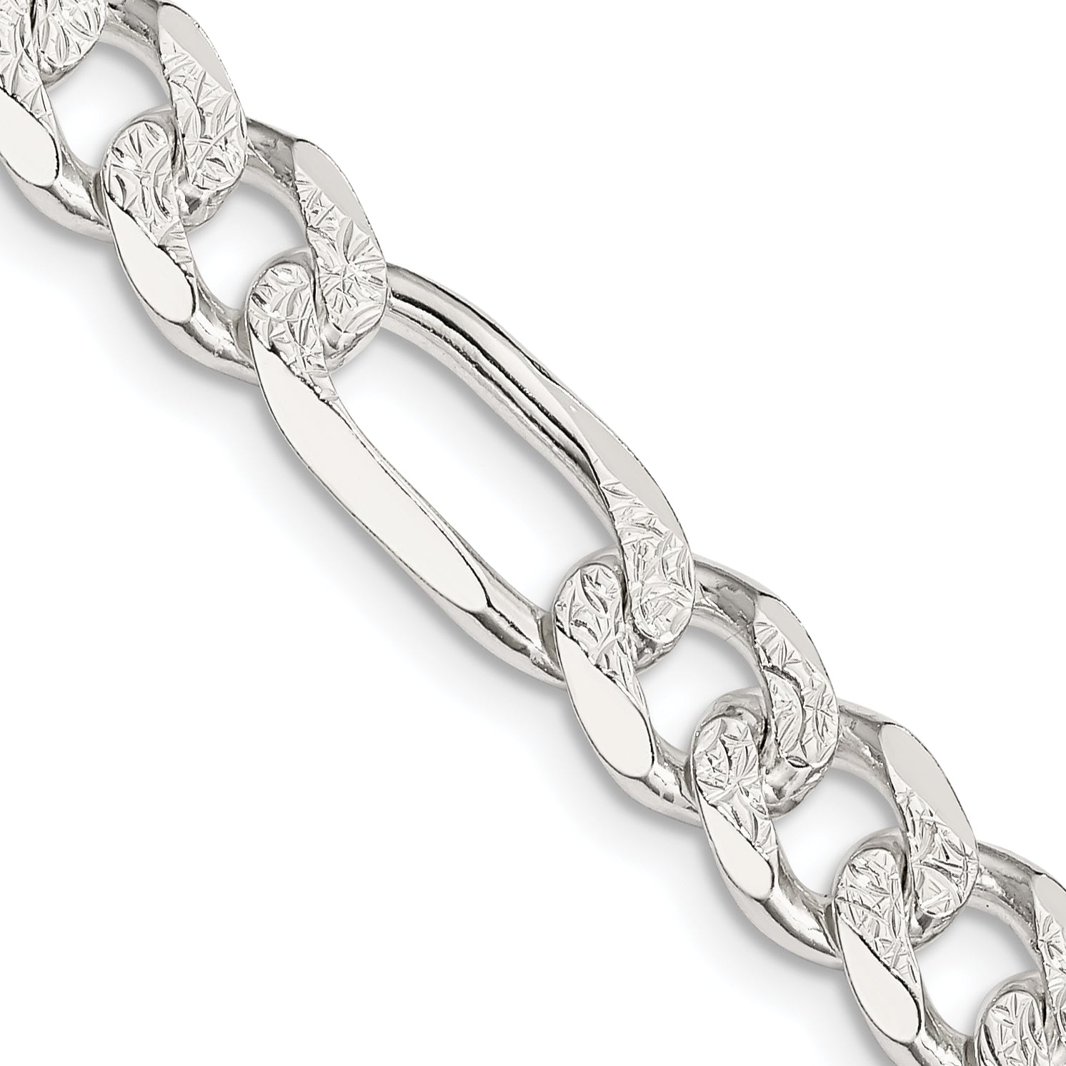 22 Inch Sterling Silver 8mm Pav Flat Figaro Chain