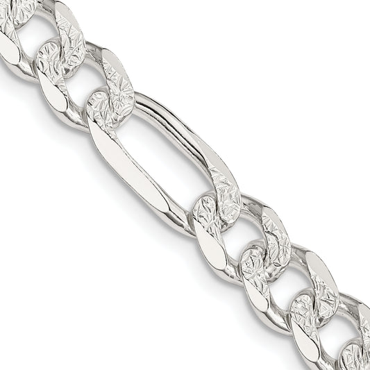 22 Inch Sterling Silver 8mm Pav Flat Figaro Chain