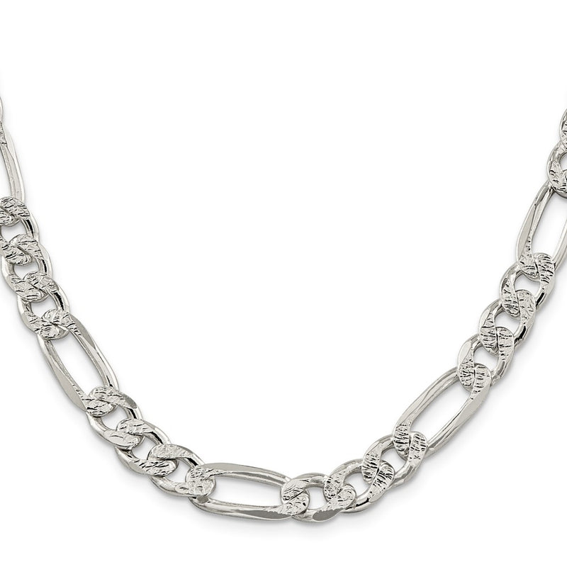 Sterling Silver 9.5mm Pav Flat Figaro Chain Necklace