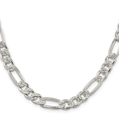 26 Inch Sterling Silver 9.5mm Pav Flat Figaro Chain