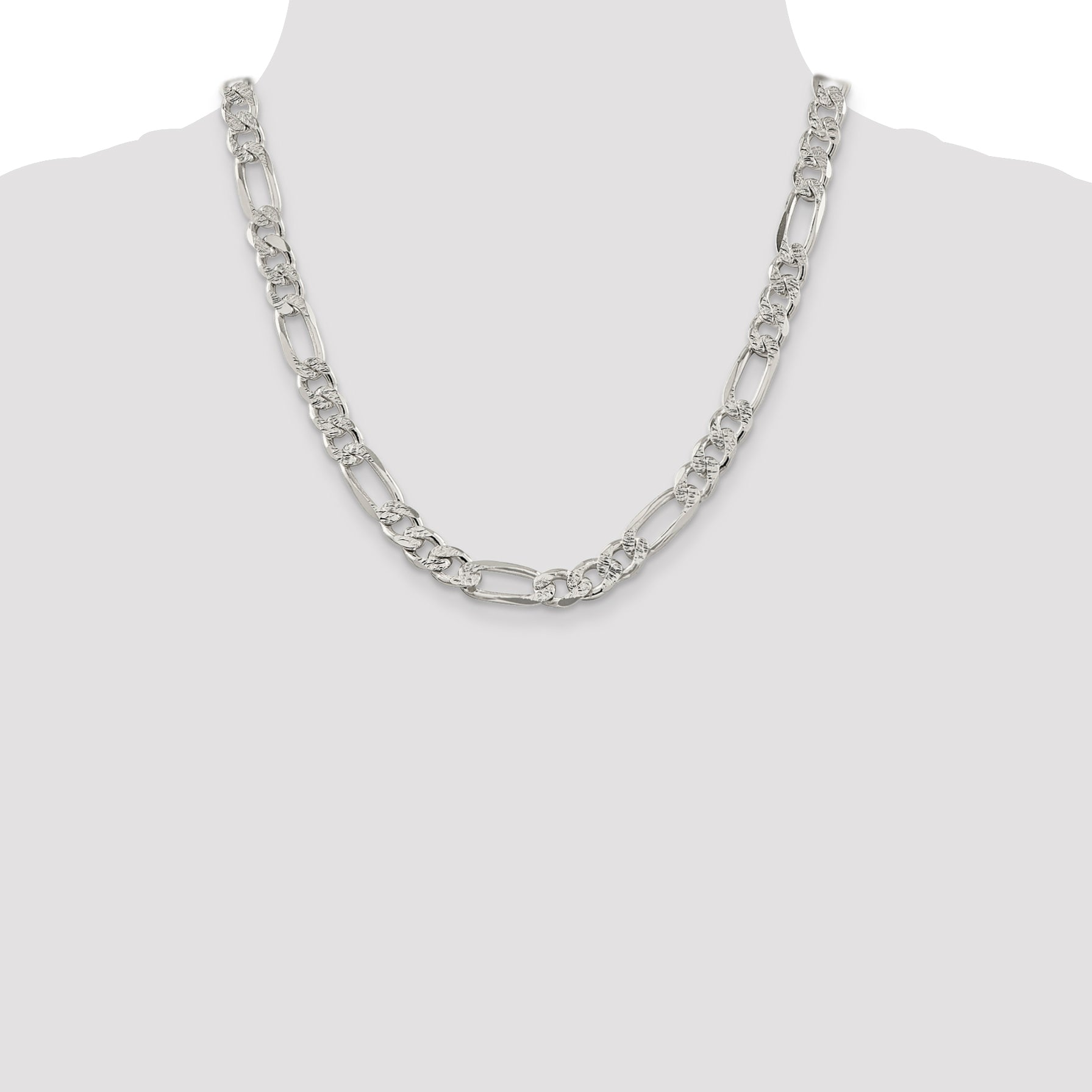 20 Inch Sterling Silver 9.5mm Pav Flat Figaro Chain
