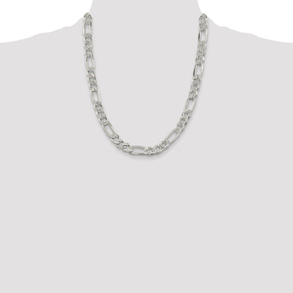 22 Inch Sterling Silver 9.5mm Pav Flat Figaro Chain