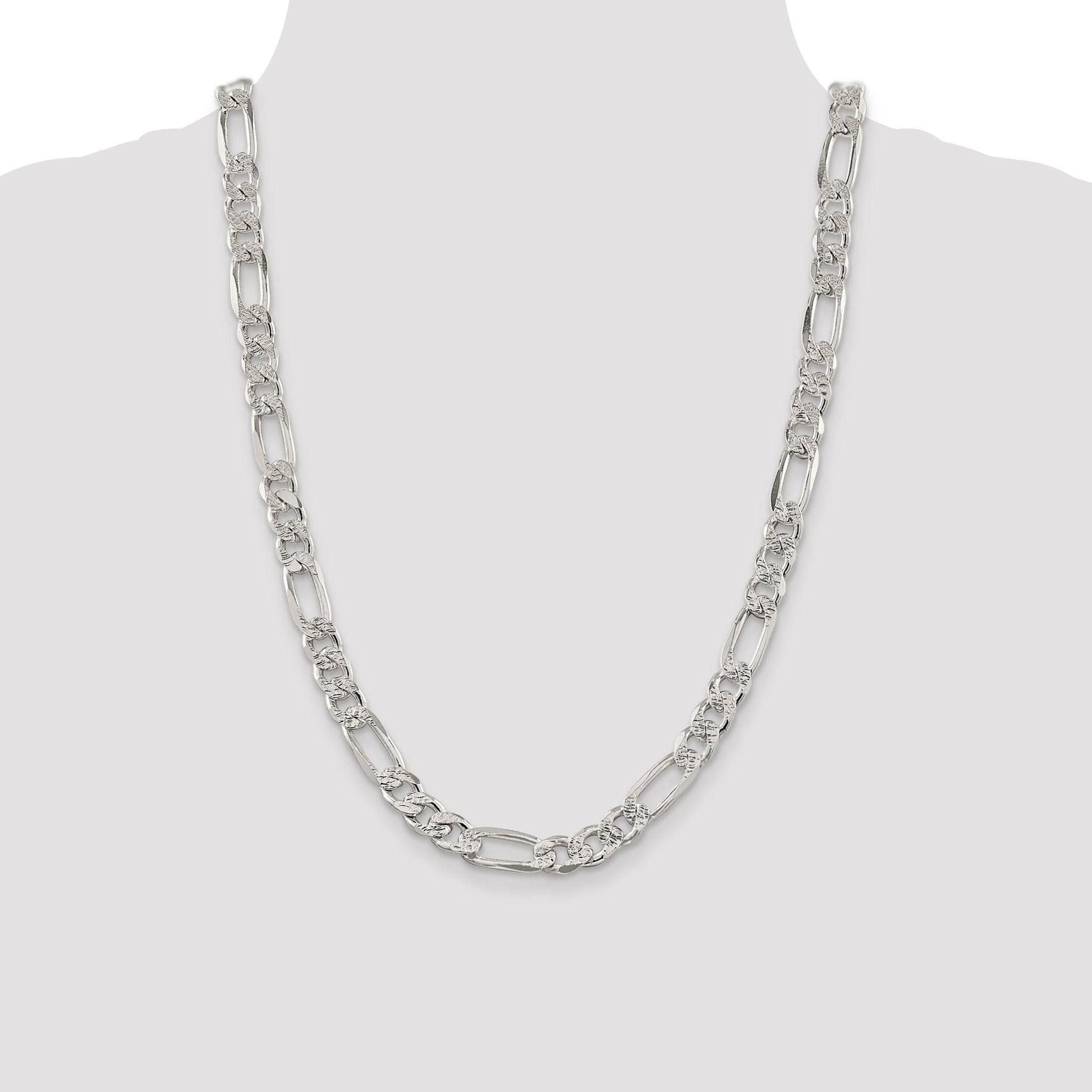 24 Inch Sterling Silver 9.5mm Pav Flat Figaro Chain