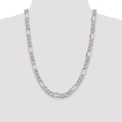 24 Inch Sterling Silver 9.5mm Pav Flat Figaro Chain