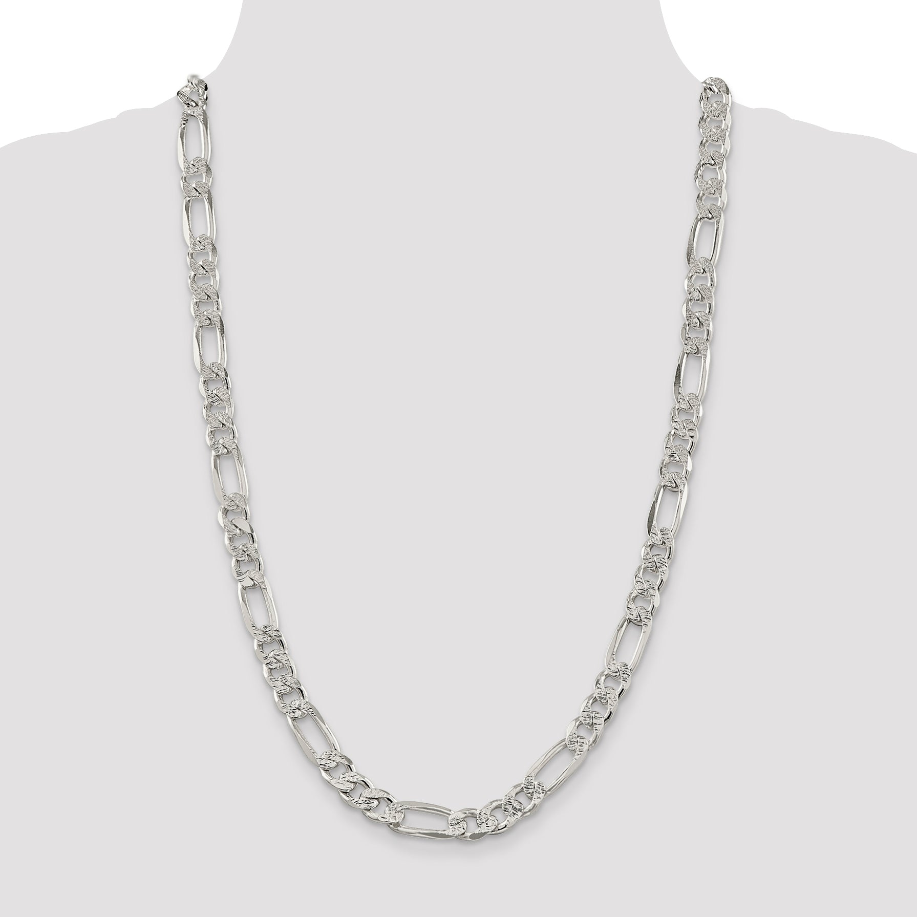 26 Inch Sterling Silver 9.5mm Pav Flat Figaro Chain