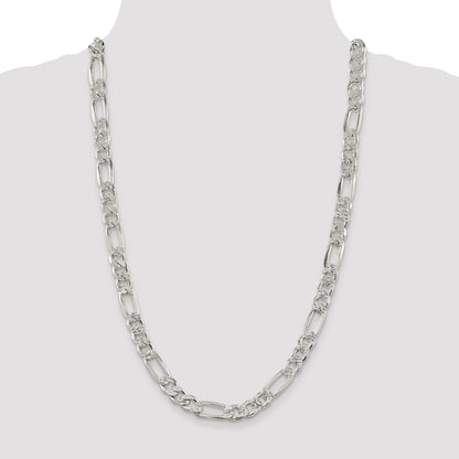 26 Inch Sterling Silver 9.5mm Pav Flat Figaro Chain