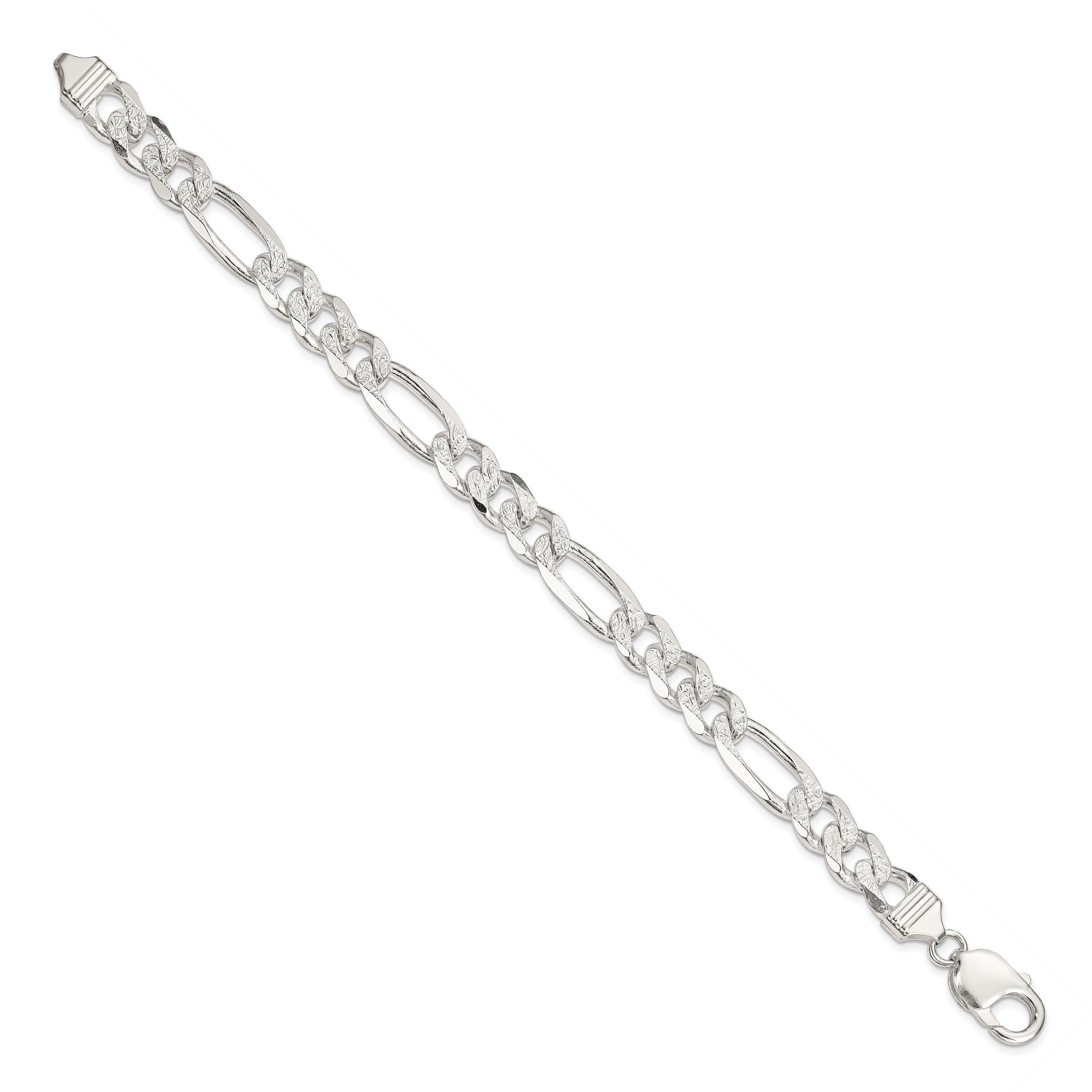 8 Inch Sterling Silver 9.5mm Pav Flat Figaro Chain
