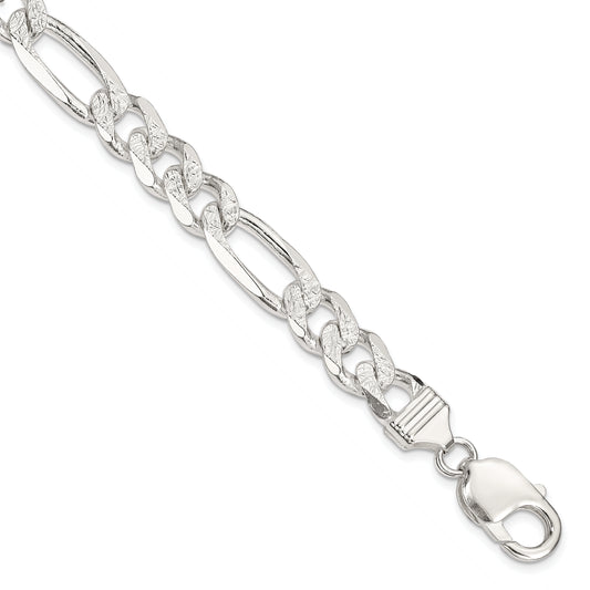 8 Inch Sterling Silver 9.5mm Pav Flat Figaro Chain