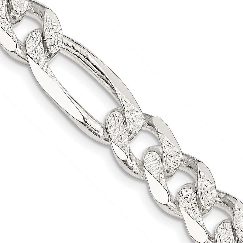 Sterling Silver 9.5mm Pav Flat Figaro Chain Necklace