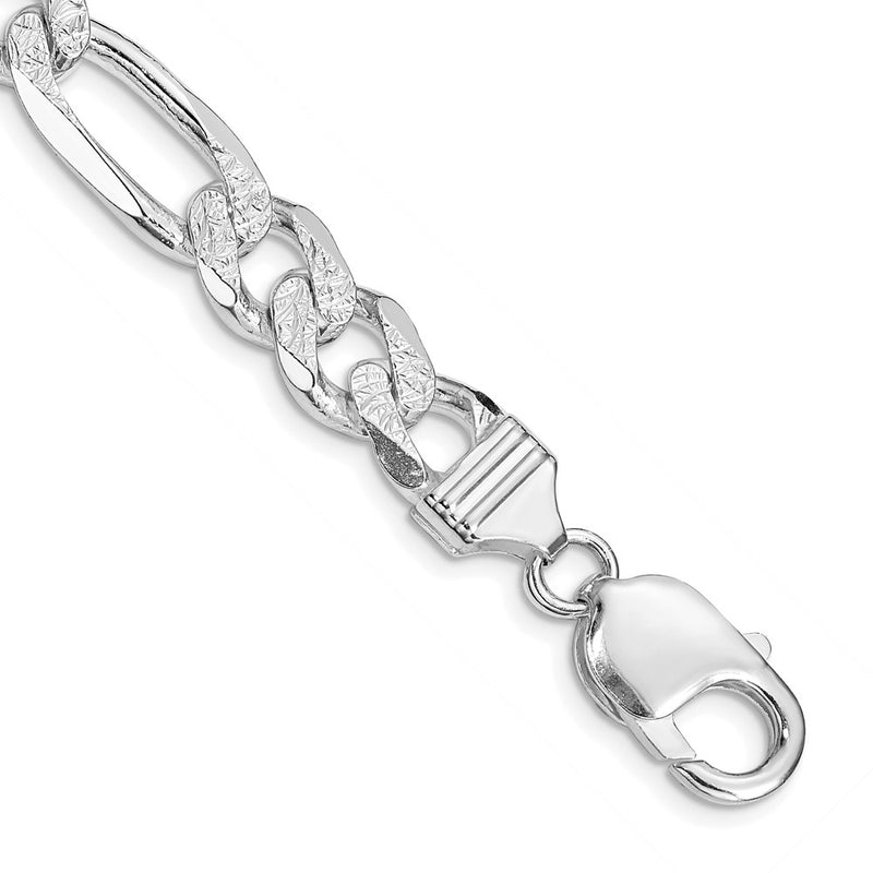 Sterling Silver Rhodium-plated 9.5mm Pavé Flat Figaro Chain Bracelet