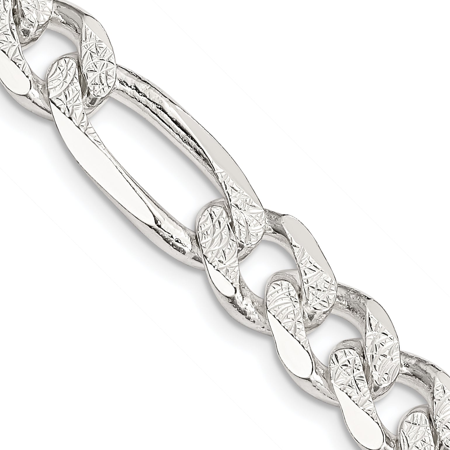 26 Inch Sterling Silver 9.5mm Pav Flat Figaro Chain