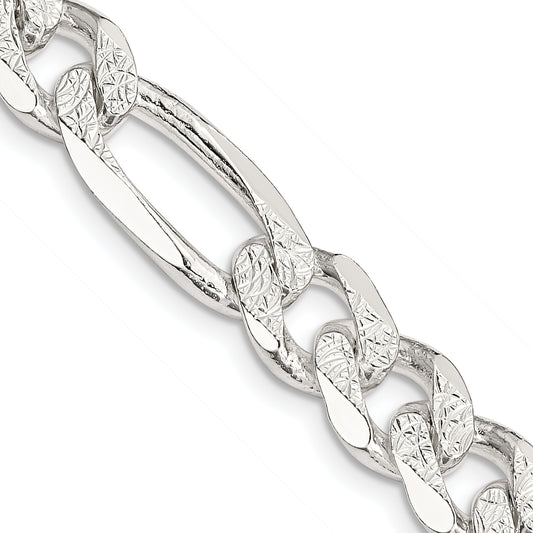 24 Inch Sterling Silver 9.5mm Pav Flat Figaro Chain