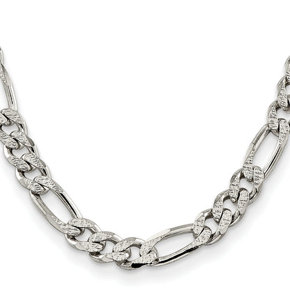 22 Inch Sterling Silver 11.0mm Pav Flat Figaro Chain
