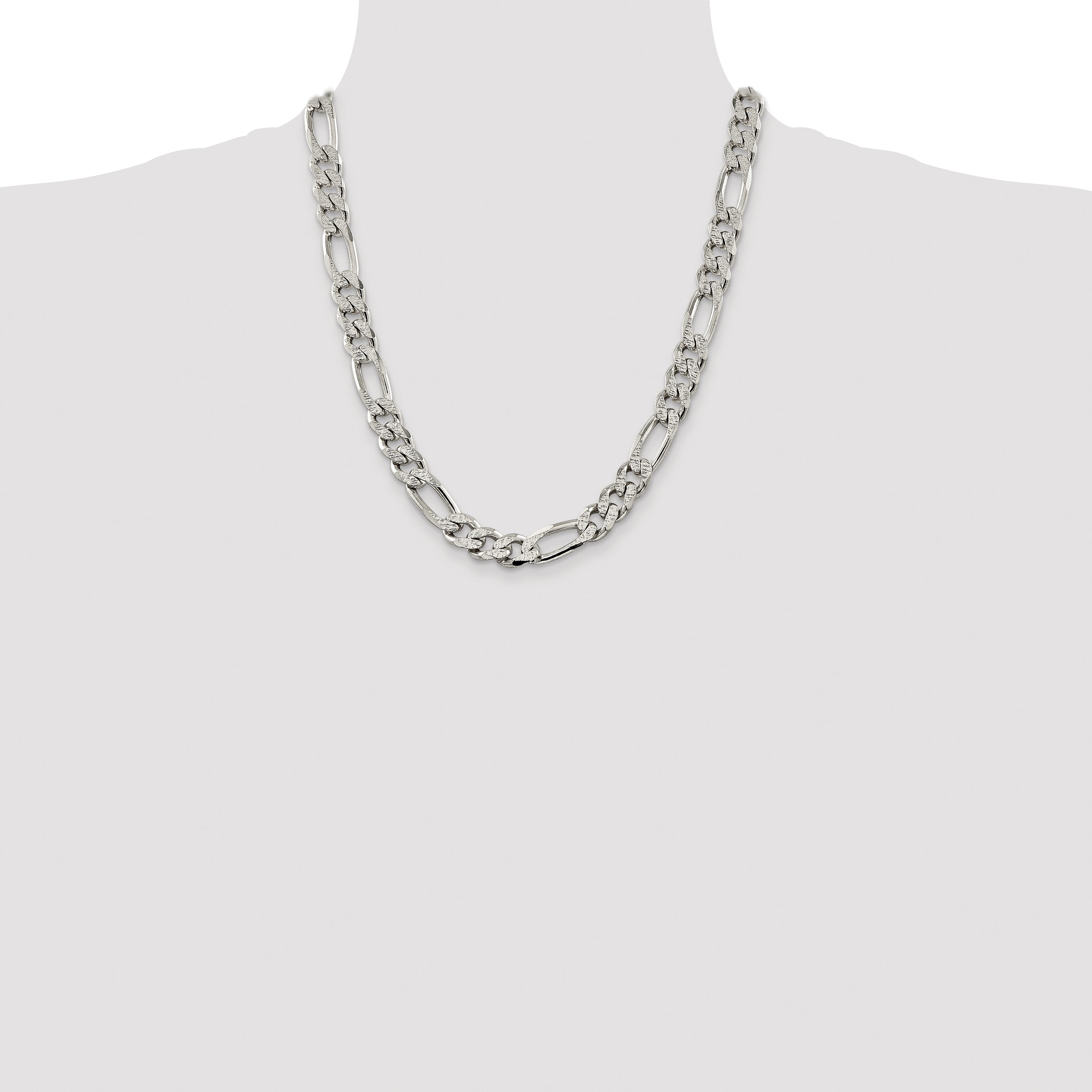 22 Inch Sterling Silver 11.0mm Pav Flat Figaro Chain