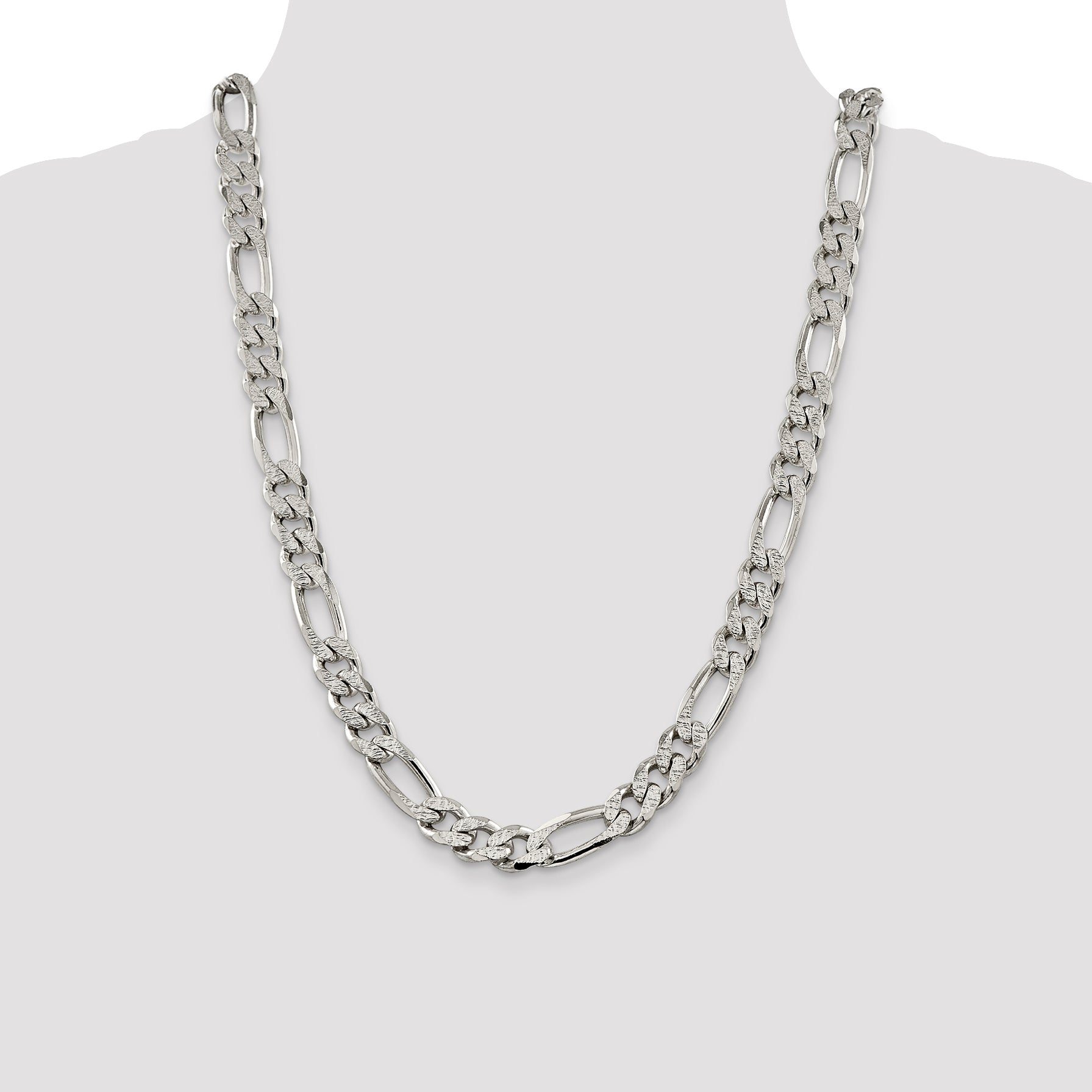 24 Inch Sterling Silver 11.0mm Pav Flat Figaro Chain