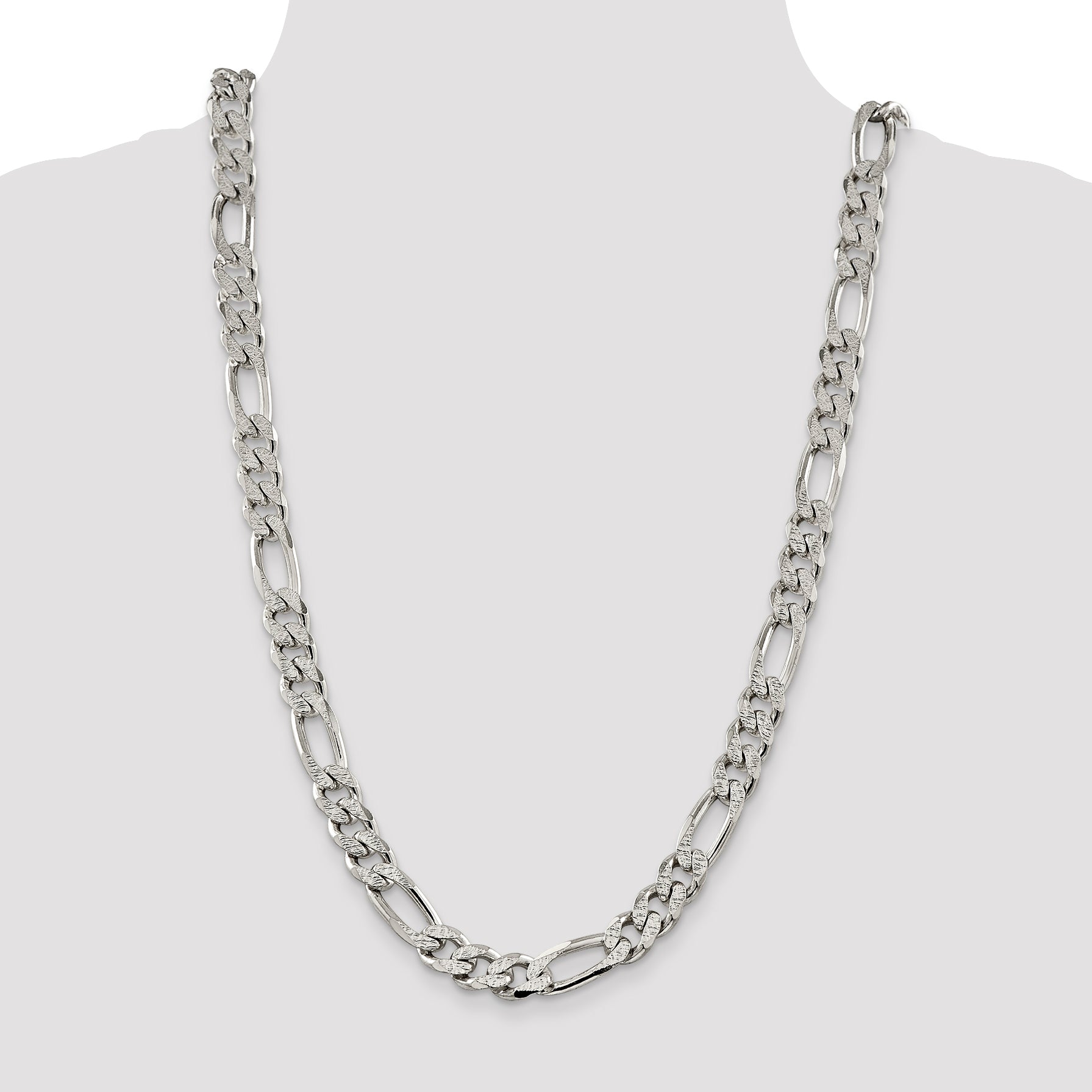 26 Inch Sterling Silver 11.0mm Pav Flat Figaro Chain