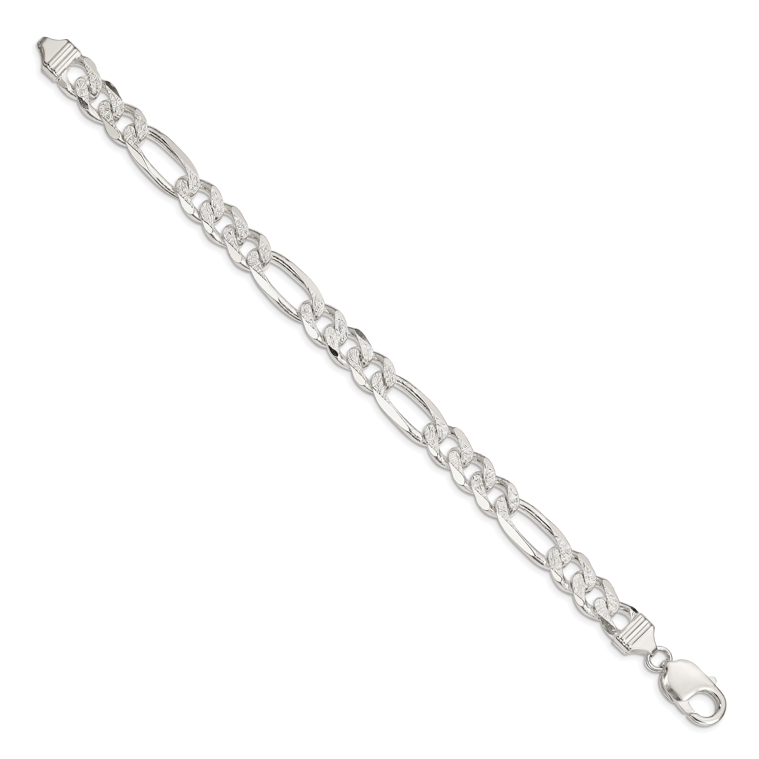 8 Inch Sterling Silver 11.0mm Pav Flat Figaro Chain